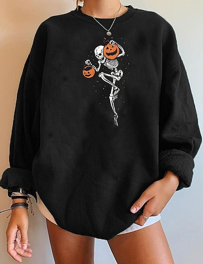 cheap Women&#039;s Tops-Women&#039;s Graphic Prints Skull Sweatshirt Pullover Oversized Print Hot Stamping Casual Weekend Streetwear Halloween Hoodies Sweatshirts  Black And White Orange White