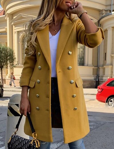 cheap Women&#039;s Outerwear-Women&#039;s Trench Coat Fall Spring Street Formal Holiday Long Coat Windproof Regular Fit Business Active Casual Jacket Long Sleeve Solid Color Black Yellow