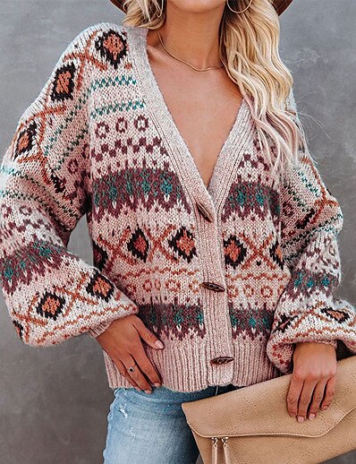 cheap Sweaters &amp; Cardigans-Women&#039;s Sweater Cardigan Geometric Knitted Button Stylish Casual Soft Long Sleeve Regular Fit Sweater Cardigans Fall Winter V Neck Blue Pink Beige