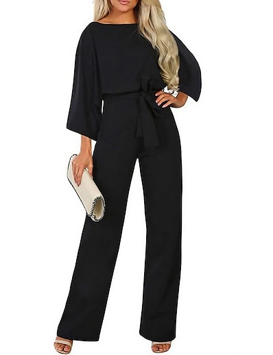 cheap Jumpsuits &amp; Rompers-Women&#039;s Jumpsuit Solid Color Patchwork Ordinary Off Shoulder Straight Street Casual 3/4-Length Sleeve Regular Fit Black Khaki Navy Blue S M L Fall