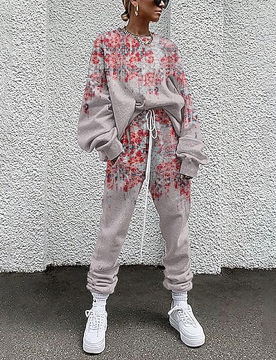 cheap Two Piece Set-Women&#039;s Streetwear Cinched Print Going out Casual / Daily Two Piece Set Pant Loungewear Jogger Pants Sweatshirt Tracksuit Drawstring Print Tops