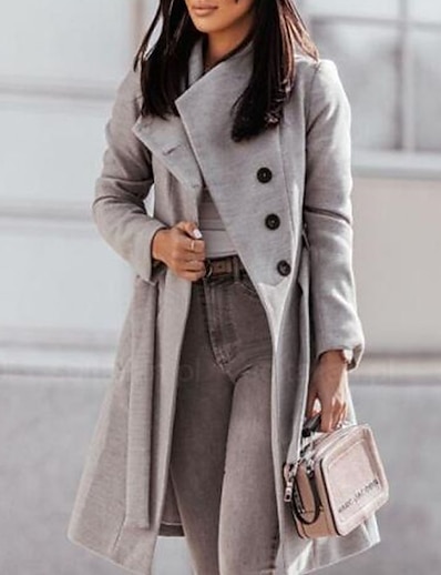 cheap Women&#039;s Outerwear-Women&#039;s Trench Coat Fall Winter Street Daily Going out Long Coat Breathable Regular Fit Casual Jacket Long Sleeve Pocket Plain Black Gray Khaki