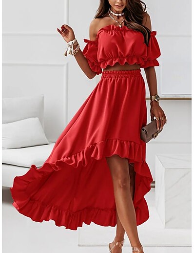 cheap Two Piece Set-Women Basic Sexy Boho Plain Causal Holiday Cocktail Party Two Piece Set Off Shoulder Skirt Dress Midi Skirt Crop Top Blouse Skirt Sets Ruffle Tops