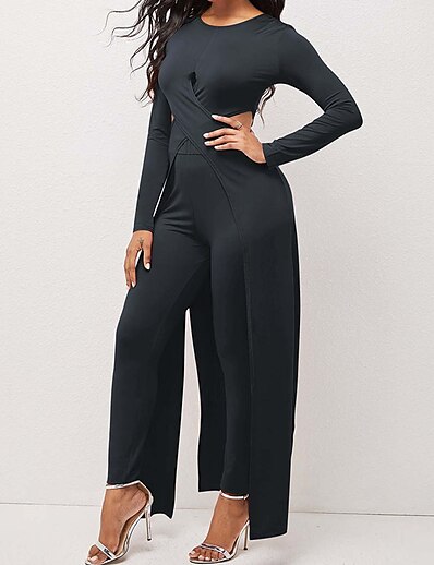 cheap Jumpsuits &amp; Rompers-Women&#039;s Jumpsuit Solid Colored Cut Out Casual Crew Neck Date Going out Long Sleeve Regular Fit Black Red Yellow S M L Fall