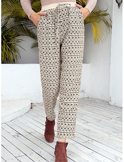 cheap Women&#039;s Bottoms-Women&#039;s Fashion Side Pockets Drawstring Print Chinos Ankle-Length Pants Micro-elastic Casual Weekend Geometric Pattern Mid Waist Comfort Black Brown S M L XL