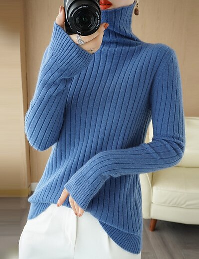 cheap Sweaters &amp; Cardigans-Women&#039;s Pullover Sweater Jumper Solid Color Knitted Stylish Basic Casual Long Sleeve Sweater Cardigans Fall Winter Turtleneck Blue Blushing Pink Camel