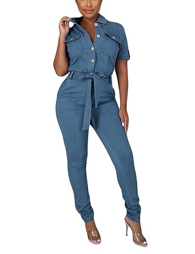 cheap Jumpsuits &amp; Rompers-Women&#039;s Jumpsuit Solid Colored Button Casual Shirt Collar Street Daily Wear Short Sleeves Regular Fit Navy Blue Light Blue S M L Fall