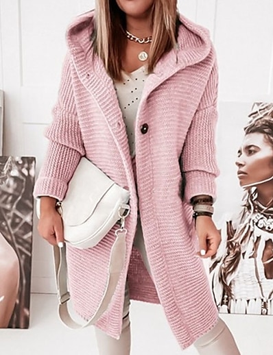 cheap Sweaters &amp; Cardigans-Women&#039;s Cardigan Solid Color Knitted Button Stylish Casual Soft Long Sleeve Regular Fit Sweater Cardigans Fall Winter Hooded Gray Pink Light Green