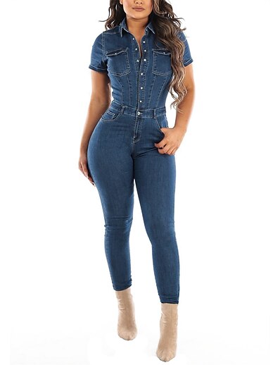 cheap Jumpsuits &amp; Rompers-Women&#039;s Jumpsuit Solid Colored Button Casual Shirt Collar Street Daily Wear Short Sleeves Regular Fit Blue S M L Fall