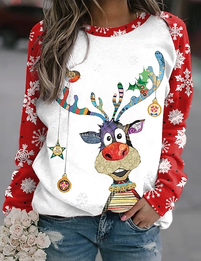 cheap Women&#039;s Tops-Women&#039;s Plaid Snowflake Reindeer Sweatshirt Pullover Print 3D Print Casual Sports Active Streetwear Hoodies Sweatshirts  Wine Red Black Fuchsia