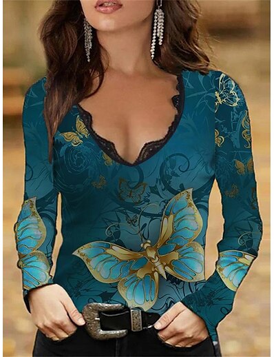 cheap Women&#039;s Tops-Women&#039;s T shirt Butterfly Butterfly Scenery Animal V Neck Lace Trims Print Basic Tops Green White Black / 3D Print