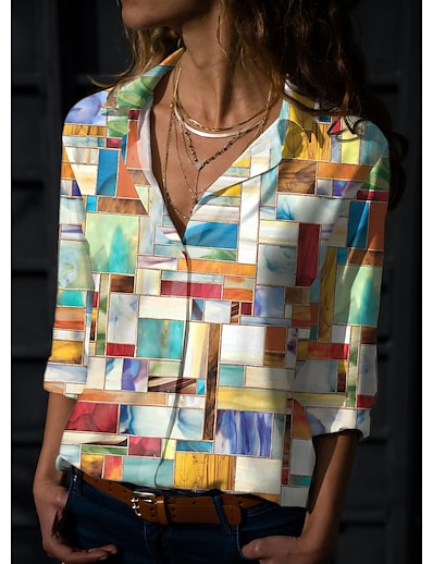 cheap Women&#039;s Tops-Women&#039;s Holiday Weekend Blouse Shirt Geometric Long Sleeve Geometric Shirt Collar Button Print Casual Streetwear Tops White Blue Orange S / 3D Print