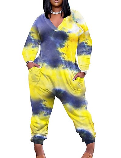 cheap Jumpsuits &amp; Rompers-Women&#039;s Jumpsuit Tie Dye Print Casual V Neck Street Daily Wear Long Sleeve Regular Fit Blue Yellow L XL XXL Fall