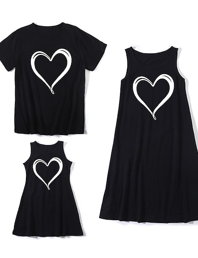 hesapli Family Matching Outfits-Aile bak Pamuklu Aile Setleri Günlük Kalp Desen Siyah Diz-boyu Kolsuz Atlet Elbise Temel Eşleşen kıyafetler / Yaz / Uzun / sevimli Stil