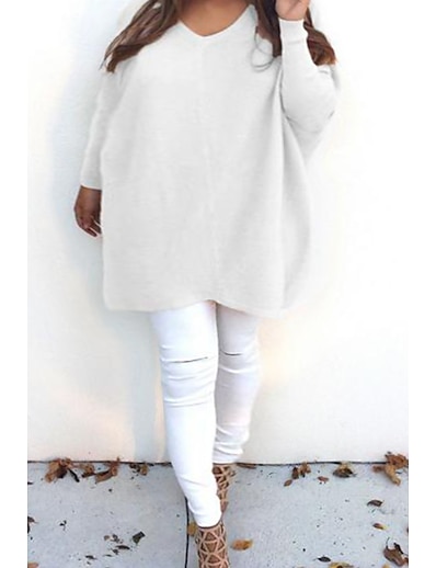 cheap Knit Skirts-Women&#039;s Plus Size Tops Solid Color Long Sleeve Knitted Basic Casual V Neck Polyester Daily Fall Winter White Black / Sweater / Loose