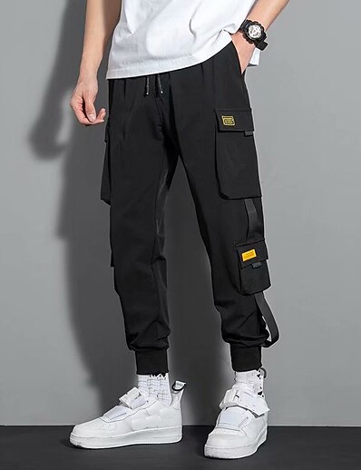 cheap Men&#039;s Bottoms-Men&#039;s Streetwear Multiple Pockets Jogger Tactical Cargo Trousers Full Length Pants Casual Daily Solid Color Mid Waist Outdoor Sports Black Khaki Green S M L XL XXL / Drawstring