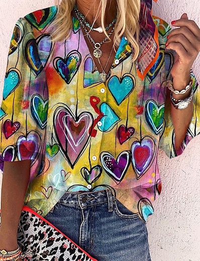 hesapli Kadın Üstleri-Kadın&#039;s Bluz Gömlek Grafik Kalp Dik Yaka Buton Desen Günlük Sokak Şıklığı Üstler Havuz Mor Sarı / 3D Baskı