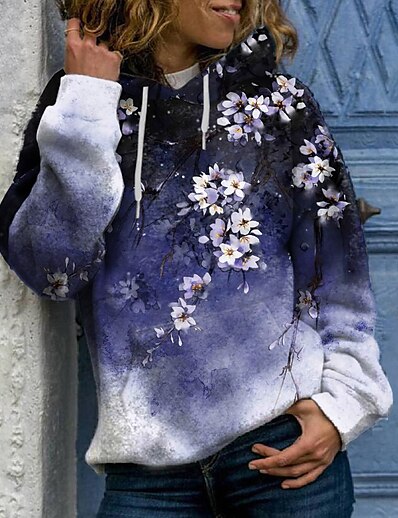 cheap Women&#039;s Tops-Women&#039;s Floral Hoodie Sweatshirt Front Pocket Print 3D Print Casual Sports Streetwear Hoodies Sweatshirts  Blue