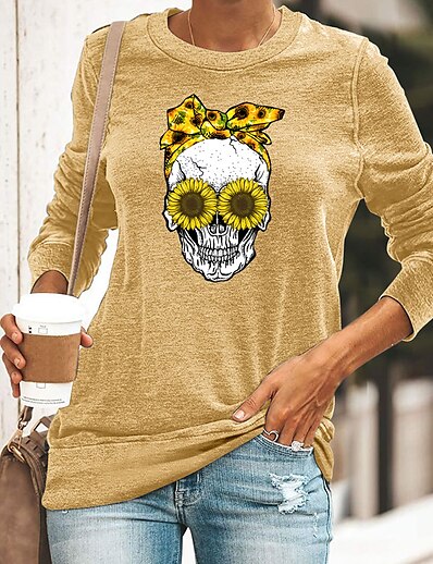 cheap Women&#039;s Tops-Women&#039;s T shirt Floral Theme Painting Skull Sunflower Round Neck Print Basic Halloween Tops Blue Black Gray