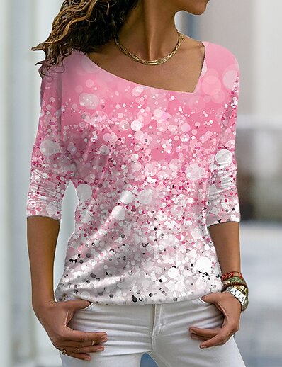저렴한 여성 상의-여성용 T 셔츠 페인팅 도트무늬 반짝 반짝임 V 넥 프린트 베이직 탑스 클로버 푸른 퍼플 / 3D 인쇄