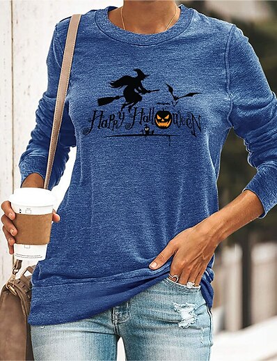 cheap Women&#039;s Tops-Women&#039;s Halloween T shirt Painting Long Sleeve Text Witch Round Neck Print Basic Halloween Tops Regular Fit Cotton Blue Yellow Gray