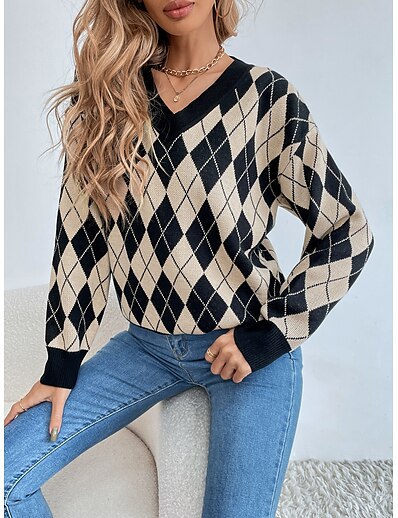 cheap Sweaters &amp; Cardigans-Women&#039;s Pullover Argyle Knitted Vintage Style Casual Long Sleeve Sweater Cardigans Fall Winter V Neck Khaki