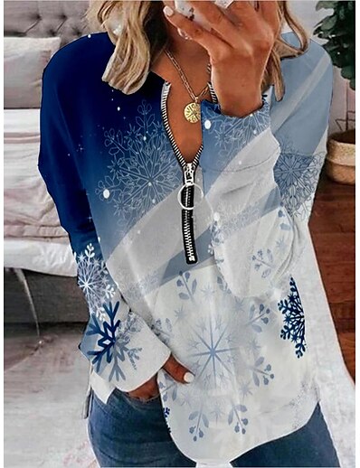 cheap Best Selling Tops-Women&#039;s Floral Snowflake Zip Up Hoodie Sweatshirt Crew Neck Patchwork Print 3D Print Daily Sports Sportswear Hoodies Sweatshirts  Loose Blue