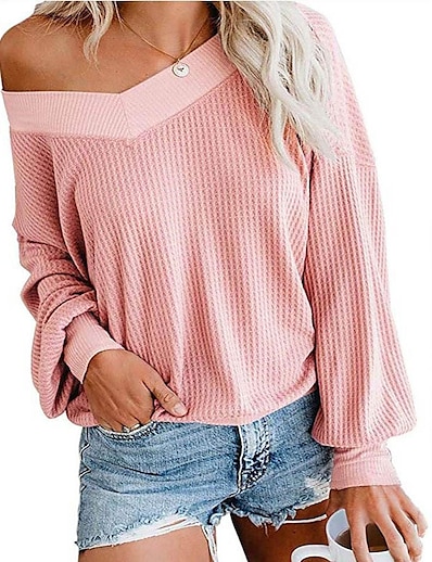cheap Sweaters &amp; Cardigans-Women&#039;s Sweater Pullover Jumper Solid Color Knitted Stylish Basic Casual Long Sleeve Sweater Cardigans Fall Winter V Neck Pink Dusty Rose Black