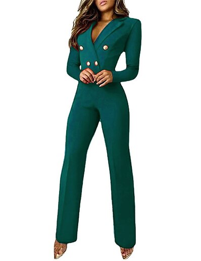 cheap Jumpsuits &amp; Rompers-Women&#039;s Jumpsuit Solid Color Button Formal Shirt Collar Business Office Long Sleeve Regular Fit Green Blue Black S M L Fall