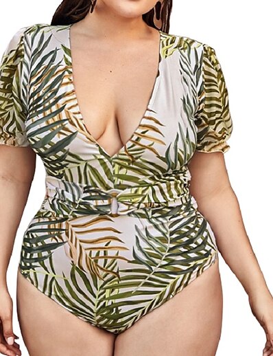 cheap Plus size-Women&#039;s Swimwear One Piece Monokini Plus Size Swimsuit Tropical Leaf Slim Light Green Strap Camisole Bathing Suits Vacation Fashion New / Sexy / Padded Bras
