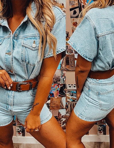 cheap Jumpsuits &amp; Rompers-Women&#039;s Casual Retro Light Blue Romper Solid Colored