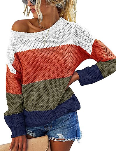 cheap Sweaters &amp; Cardigans-Women&#039;s Sweater Pullover Jumper Striped Knitted Stylish Casual Soft Long Sleeve Sweater Cardigans Fall Winter Crew Neck Blue Pink Orange