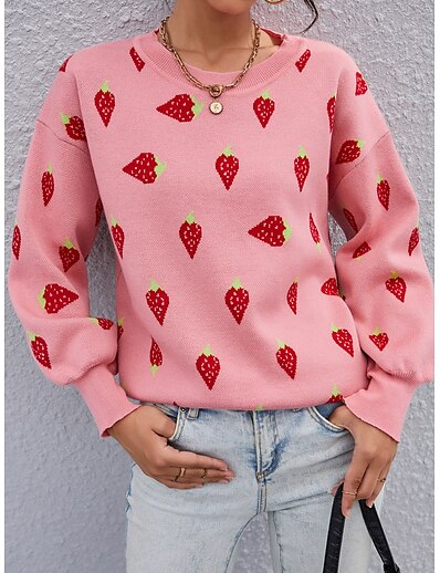 cheap Sweaters &amp; Cardigans-Women&#039;s Pullover Geometric Knitted Vintage Style Casual Long Sleeve Sweater Cardigans Fall Winter Crew Neck Pink