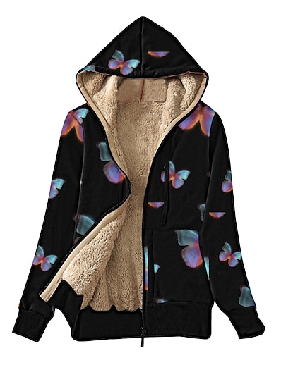 hesapli Kadın Dış Giyim-Kadın&#039;s Kaban Sonbahar Kış Günlük Ceket Sıcak Tutma Normal Günlük Ceketler Uzun Kollu Desen Kelebek Mor YAKUT Koyu Mavi