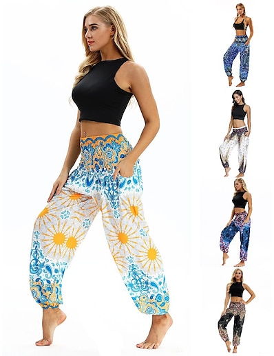 hesapli 2022 Trendleri-Kadın&#039;s Yoga Pantolonu Yüksek Bel büzgülü kısa pantalon Yan Cepler Harem Büzgülü Bel Bohem Hippi Boho Hızlı Kuruma Hafif Açık Mor Doğal Pembe Avcı Yeşili Göbek Dansı Fitness Spor Dalları Aktif Giyim