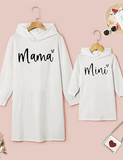 cheap Family Matching Outfits-Mommy and Me Dresses Daily Heart Letter Print White Above Knee Long Sleeve Daily Matching Outfits / Fall / Winter / Cute