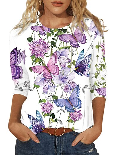 cheap Women&#039;s Tops-Women&#039;s T shirt Floral Theme Abstract Painting Floral Graphic Butterfly Round Neck Print Basic Tops Blue White Pink / 3D Print