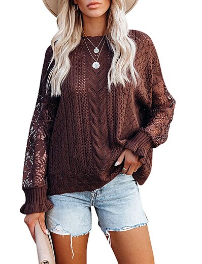 cheap Sweaters &amp; Cardigans-Women&#039;s Sweater Pullover Jumper Solid Color Hollow Out Knitted Stylish Basic Casual Long Sleeve Sweater Cardigans Fall Winter Crew Neck Black Gray White