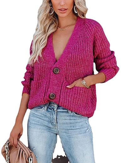 저렴한 스웨터 &amp; 가디건-여성용 스웨터 가디건 한 색상 니트 앞 주머니 단추 세련 베이직 캐쥬얼 긴 소매 보통 스웨터 가디건 가을 겨울 V 넥 푸른 퍼플 블랙