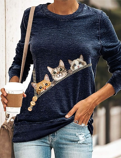 cheap Women&#039;s Tops-Women&#039;s 3D Cat T shirt Cat Graphic Long Sleeve Print Round Neck Basic Tops Black Blue Yellow