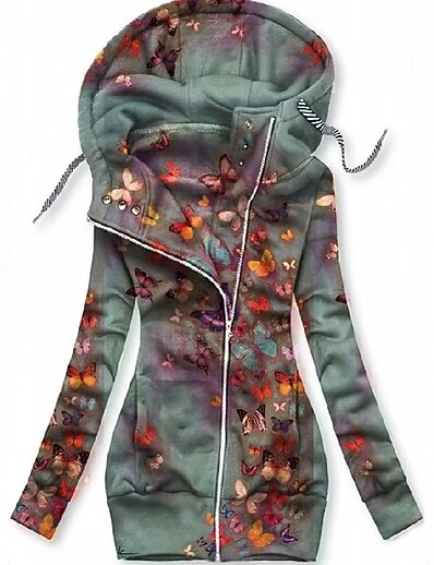cheap Plus size-Women&#039;s Plus Size Jacket Pocket Zip Up Butterfly Floral Butterfly Heart Causal Vacation Hooded Long Sleeve Spring Regular Green White Black L XL XXL 3XL / Print