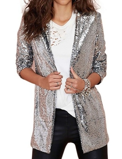 cheap Jackets-Women&#039;s Blazer Fall Spring Street Daily Outdoor Regular Coat Windproof Breathable Regular Fit Casual Streetwear Jacket Long Sleeve Sequins Solid Color Black Silver Gold