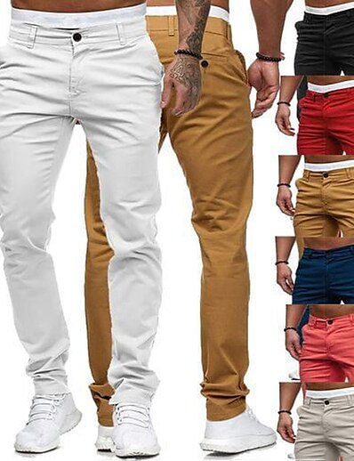 cheap Men&#039;s Bottoms-Men&#039;s Stylish Classic Style with Side Pocket Button Front Straight Pants Chinos Ankle-Length Pants Micro-elastic Home Daily Cotton Solid Colored Mid Waist Breathable Soft Slim White Black Pink Khaki