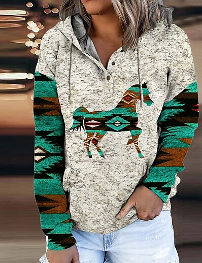 cheap Women&#039;s Tops-Women&#039;s Horse Animal Hoodie Sweatshirt Front Pocket Print 3D Print Daily Sports Ethnic Streetwear Hoodies Sweatshirts  Gray