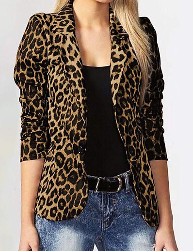 cheap Women&#039;s Clothing-Women&#039;s Blazer Leopard Print Basic Modern Cheetah Print Shirt Collar Spring &amp;  Fall Standard Light Coffee Grey Dark Coffee