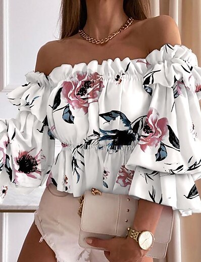 cheap Women&#039;s Tops-Women&#039;s Blouse Shirt Floral Theme Floral Polka Dot Plaid Off Shoulder Ruffle Print Casual Tops Green Blue White / 3D Print