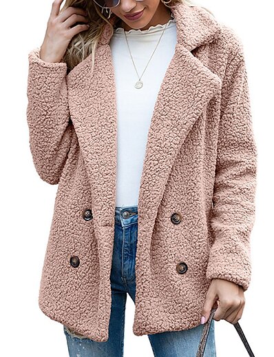 cheap Women&#039;s Outerwear-Women&#039;s Teddy Coat Fall Winter Street Daily Valentine&#039;s Day Regular Coat Warm Regular Fit Casual Streetwear St. Patrick&#039;s Day Jacket Long Sleeve Pocket Solid Color Green Black Pink