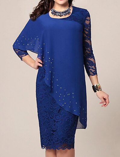 cheap Dresses-Women&#039;s Knee Length Dress Shift Dress Green Blue Navy Blue 3/4 Length Sleeve Embroidered Lace Patchwork Pure Color Round Neck Fall Winter Party Elegant Classic Modern 2022 S M L XL XXL 3XL 4XL 5XL
