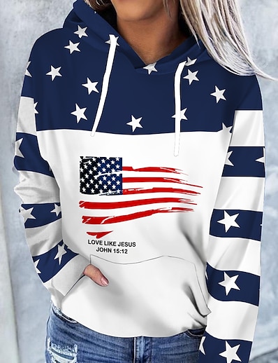 cheap Women&#039;s Tops-Women&#039;s American US Flag Stars Hoodie Sweatshirt Print 3D Print Casual Sports Active Streetwear Hoodies Sweatshirts  White