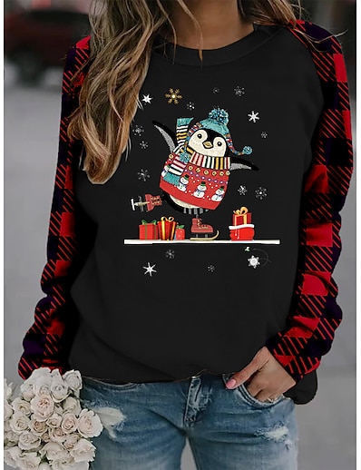 cheap Women&#039;s Tops-Women&#039;s Christmas T shirt Plaid Graphic Prints Long Sleeve Patchwork Print Round Neck Tops Basic Christmas Basic Top Black